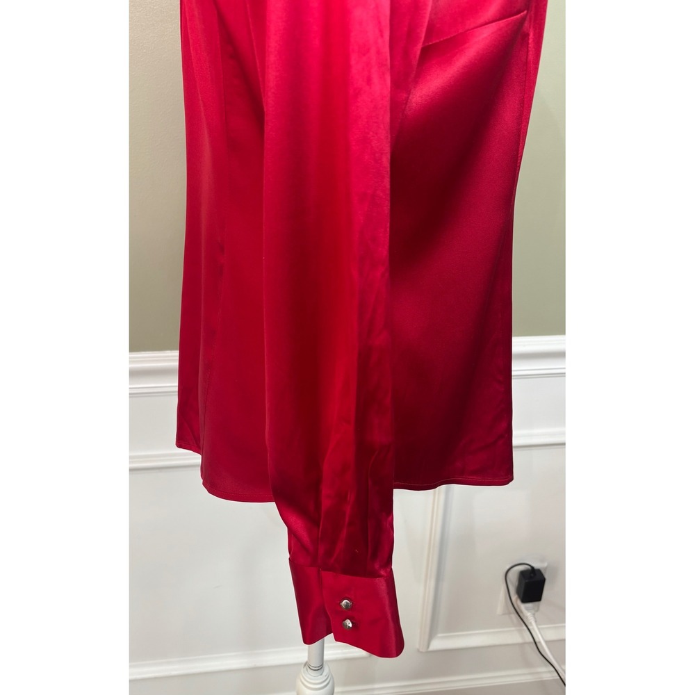 White House Black Market Red Silk Stretch Pintuck Pleated Button Up Blouse 8 - Picture 4 of 8